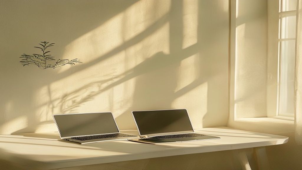 Sunlit workspace with minimalist desk and digital device in natural light