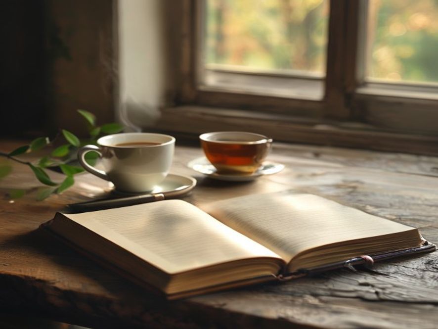 Notebook and pen on wooden table with morning light