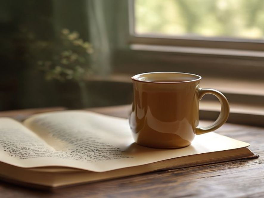 Warm cup of tea and a journal by a window with soft natural light