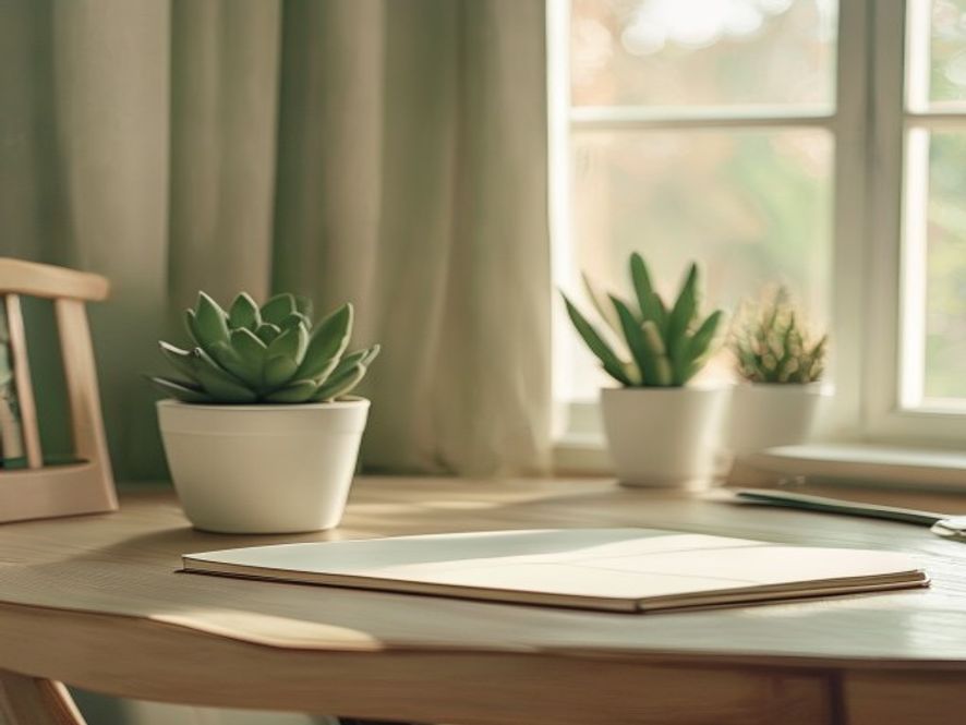 Organised desk with notebook, pen, and minimal digital device